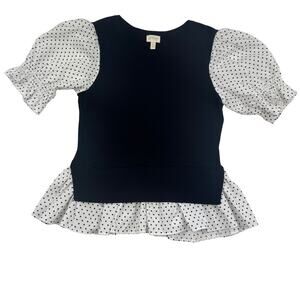 Greige Knit Layered Polka Dot Puff Sleeve Preppy Classic Top Women's Size XS